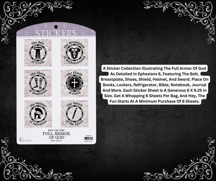 Sticker set card with six square black-gray icons: belt, breathplate, shoes, shield, helmet, sword