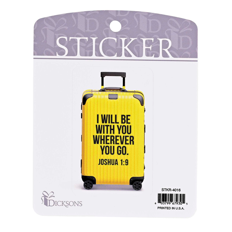 Luggage sticker featuring yellow suitcase with quote “I Will Be With You”.