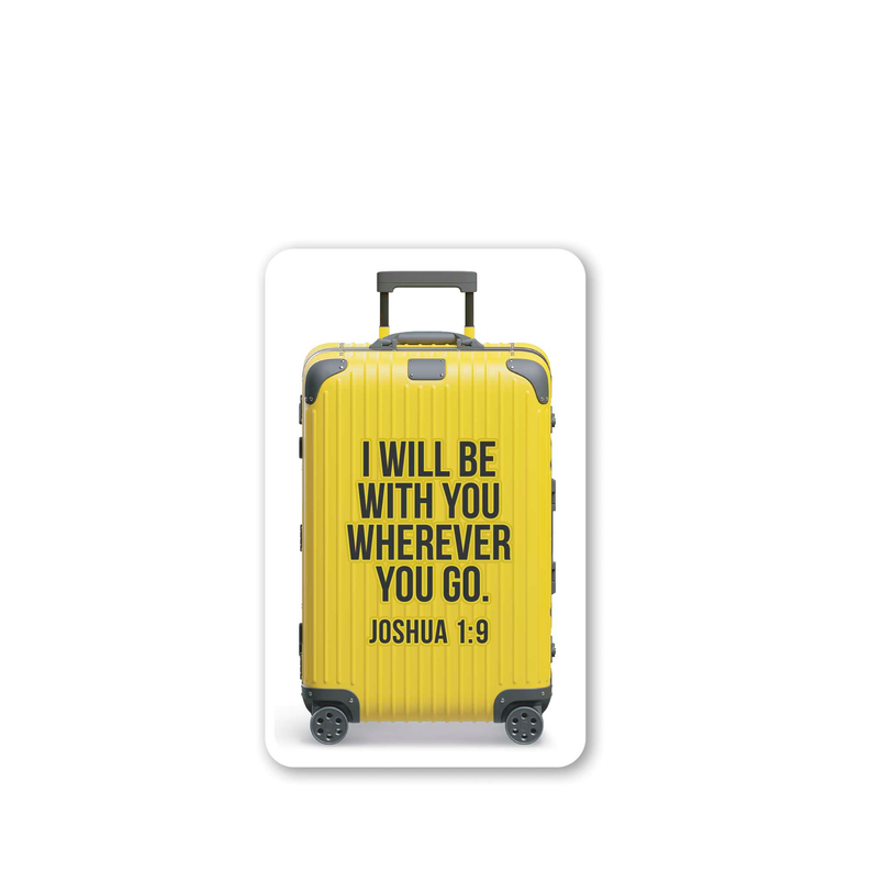 Luggage sticker showing yellow suitcase graphic with “I Will Be With You” text.
