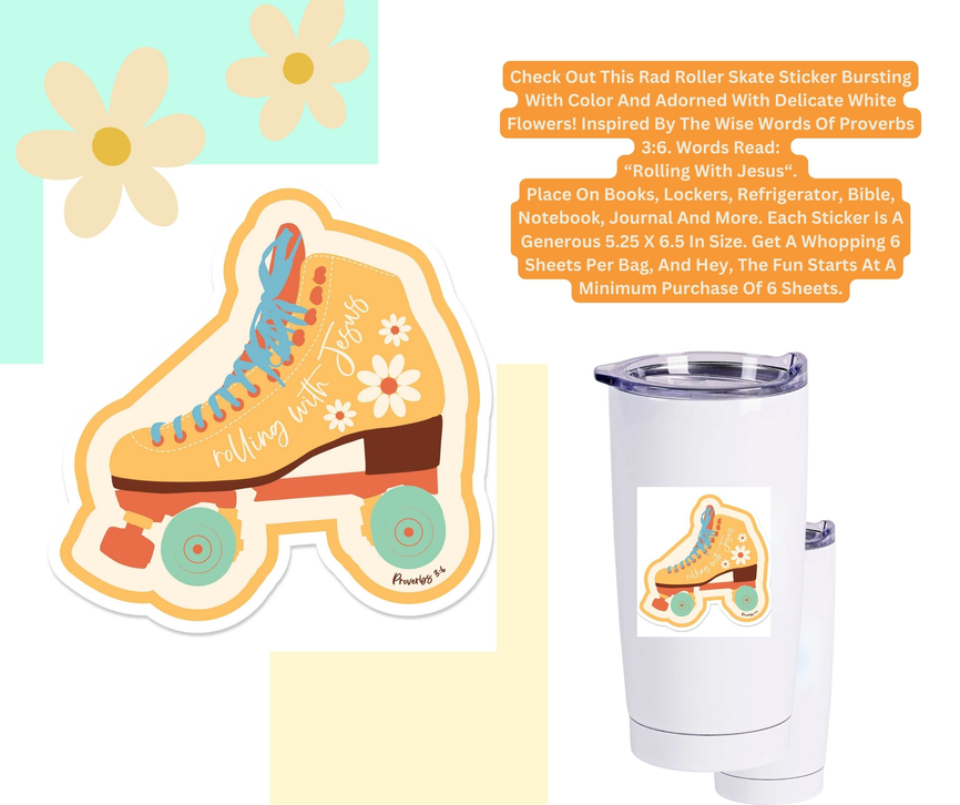 Floral roller skate sticker with wheel design, orange frame and blue laces