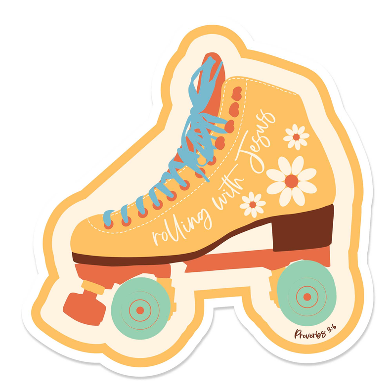 Floral roller skate sticker close-up with orange wheels and white daisy accents