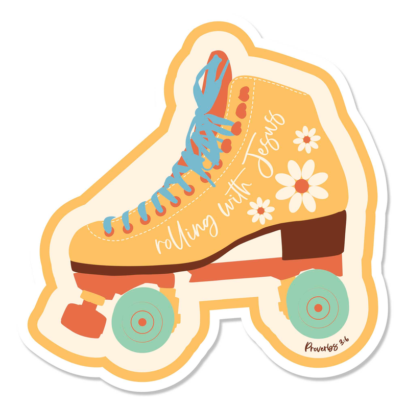 Orange roller skate sticker with blue laces, white flowers, and curved 'rolling' script