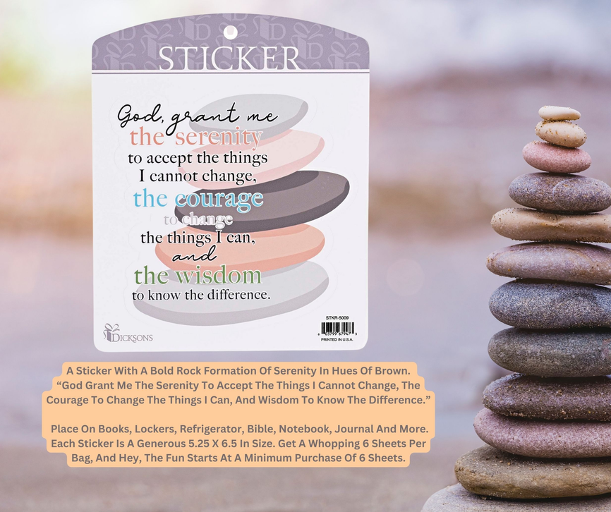 Serenity Prayer rock formation sticker on brown and white backing card