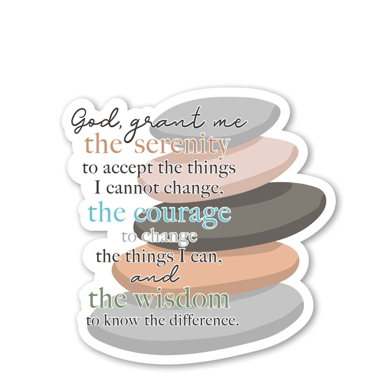 Die-cut Serenity Prayer rock sticker with layered stones and colored lettering