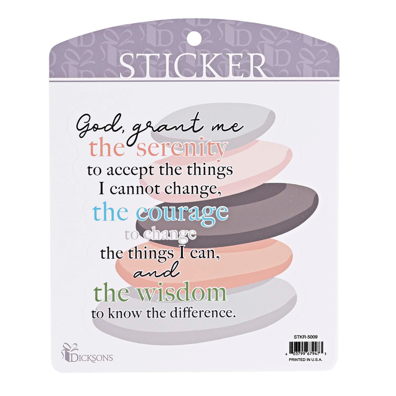 Serenity Prayer rock sticker with layered gray, tan, and pastel lettering on card