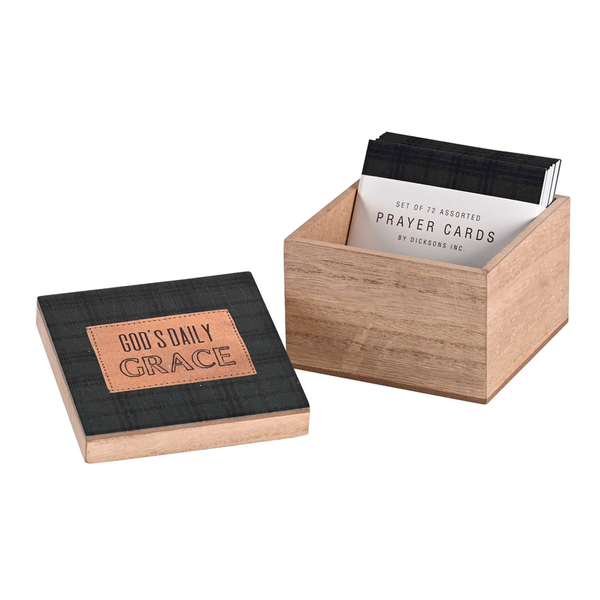 Wooden prayer card box with black plaid 72 assorted prayer cards label