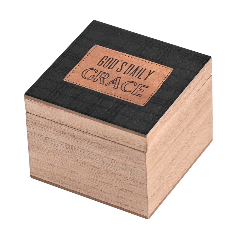 Wooden prayer card box with dark plaid lid and leather-look God’s Daily Grace patch
