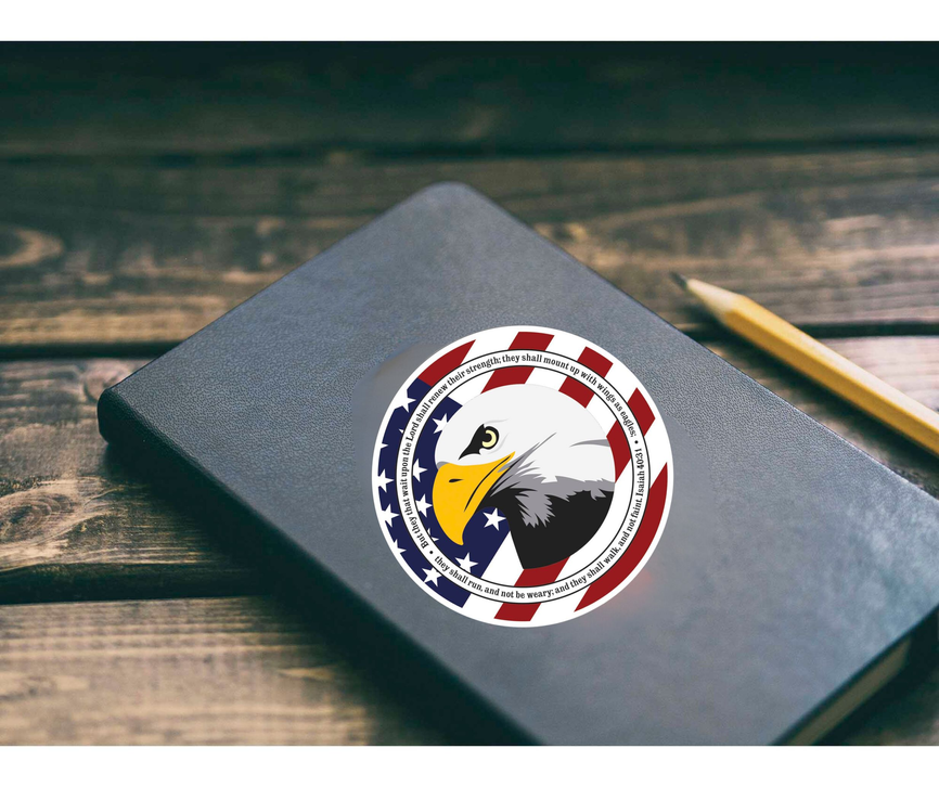 Round eagle emblem sticker, navy red and yellow, on dark backing