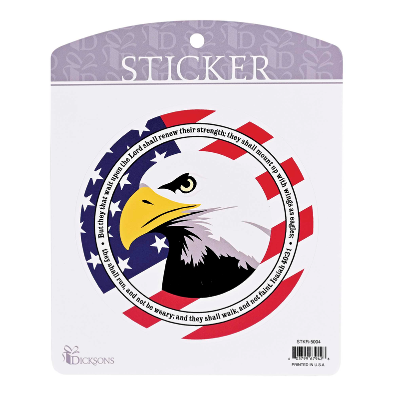 Carded eagle emblem sticker, round design with navy, red, and yellow
