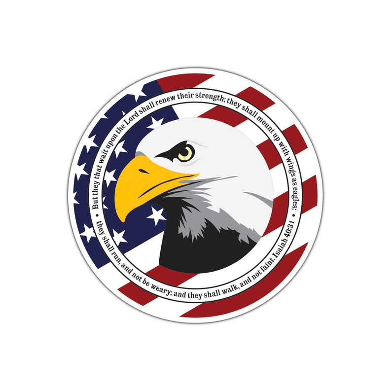 Round eagle emblem sticker with navy red ring and yellow beak