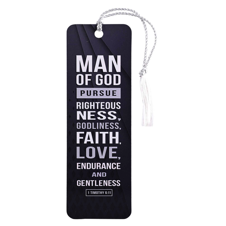 Dark tassel bookmark with 'Man of God' text and 1 Timothy 6:11 reference