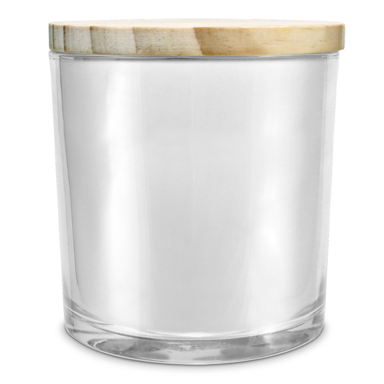 Soy candle jar with frosted clear container and beige wax lid, 13 oz