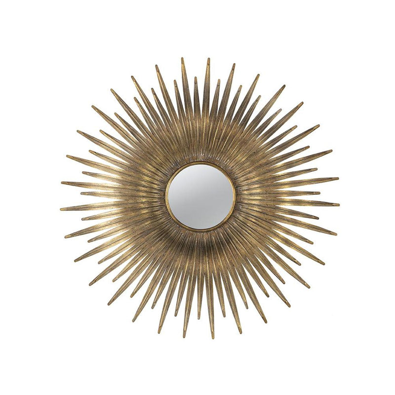 Gold sunburst accent mirror with bright round glass center and radiating iron spikes