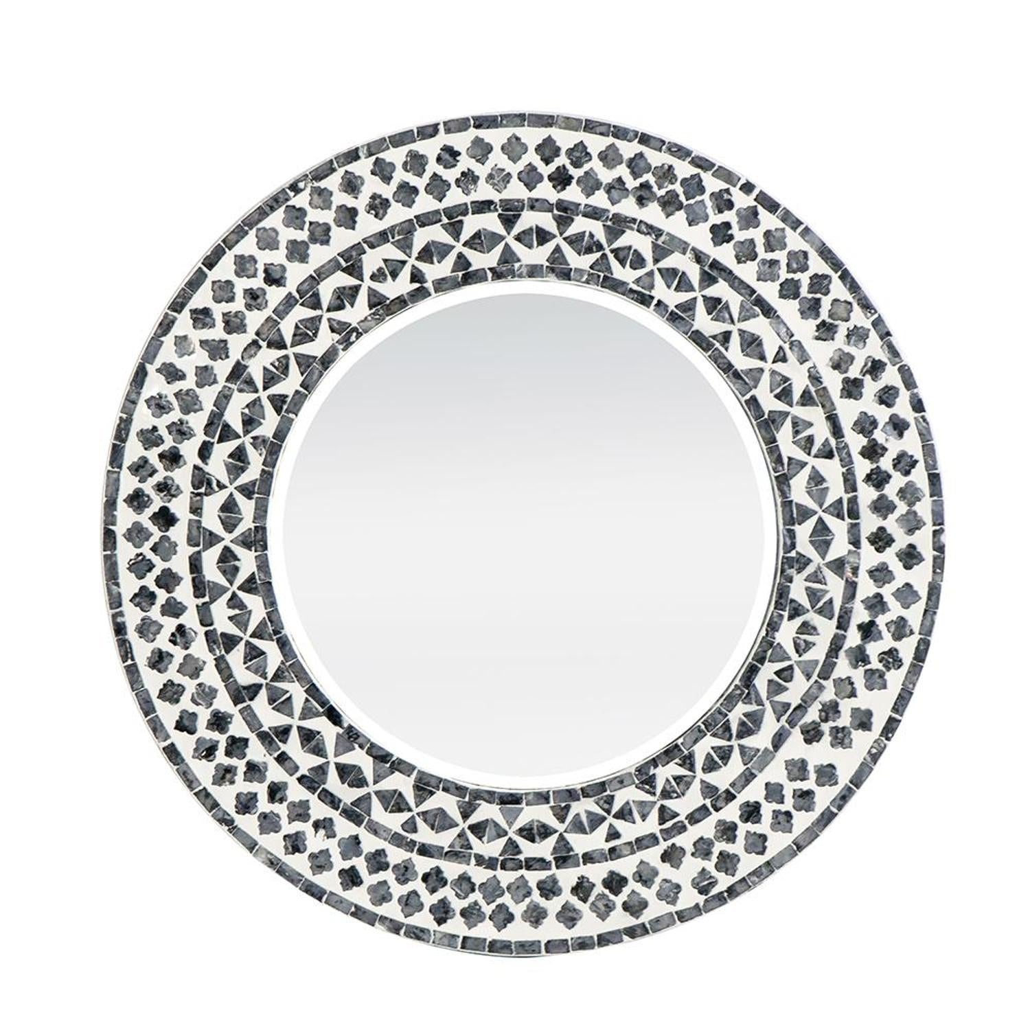 24" Black And White Round Wood And Shell Framed Accent Mirror - Bed & Bath