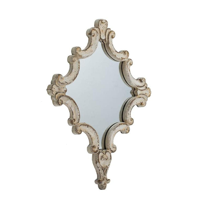 Accent mirror: distressed white ornate wood frame, carved scrollwork and fleur-de-lis