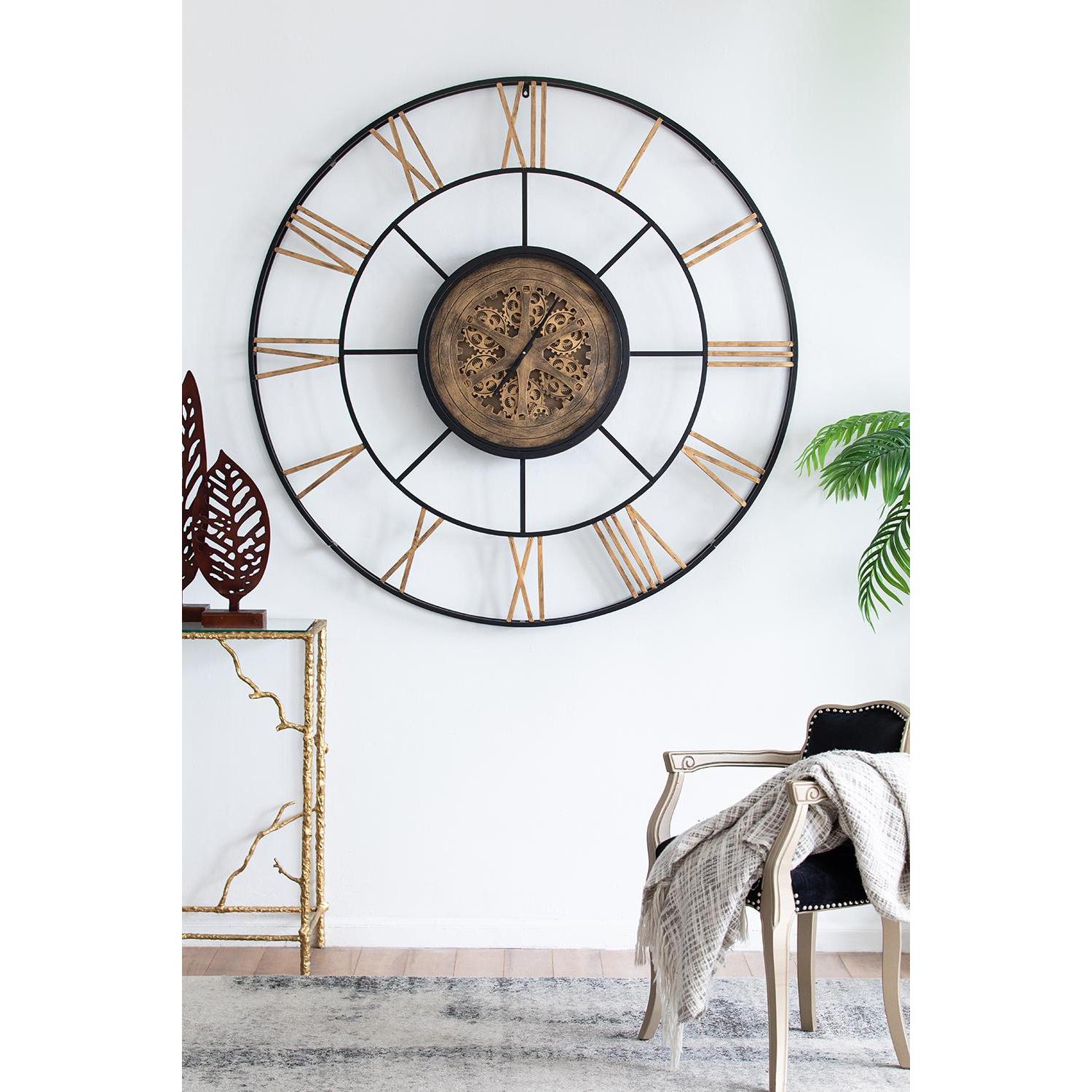 56" Circle Copper Metal and Glass Analog Exposed Gear Wall Clock - Home Decor