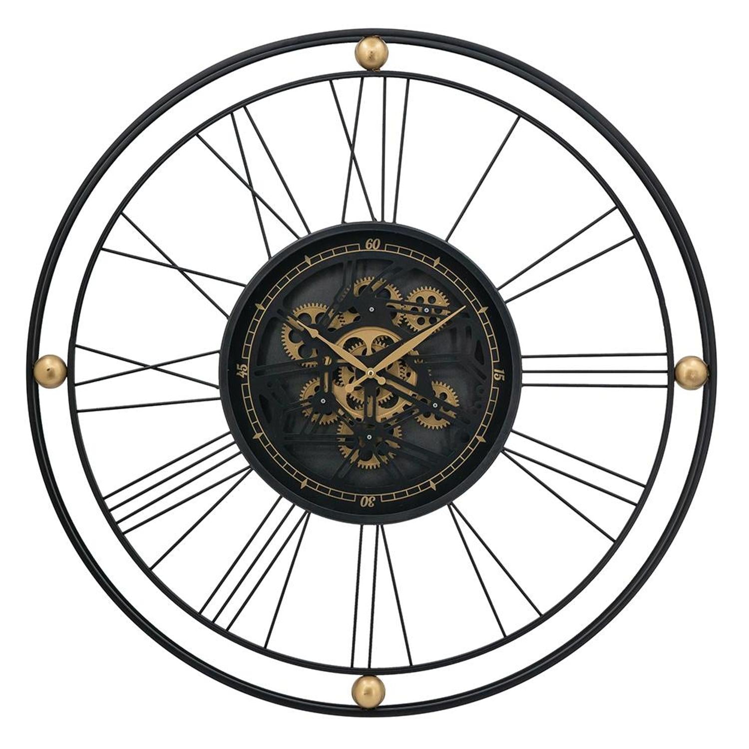 32" Circle Black and Gold Metal and Glass Analog Exposed Gear Wall Clock - Home Decor