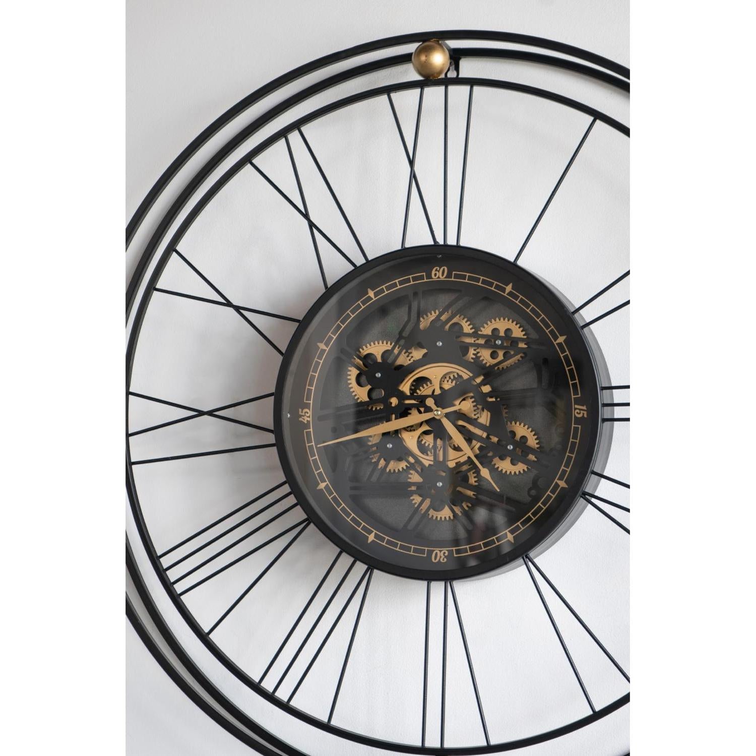 32" Circle Black and Gold Metal and Glass Analog Exposed Gear Wall Clock - Home Decor