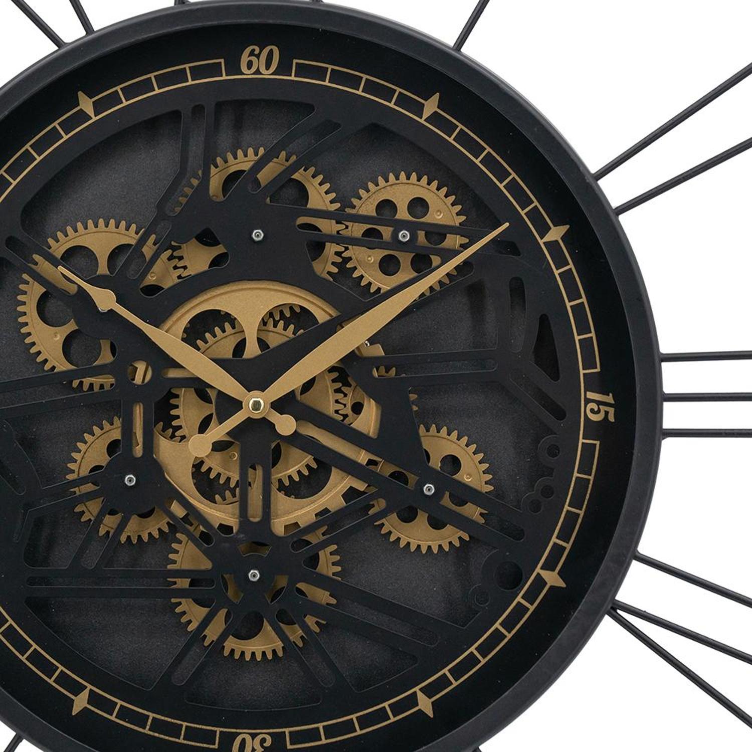 32" Circle Black and Gold Metal and Glass Analog Exposed Gear Wall Clock - Home Decor