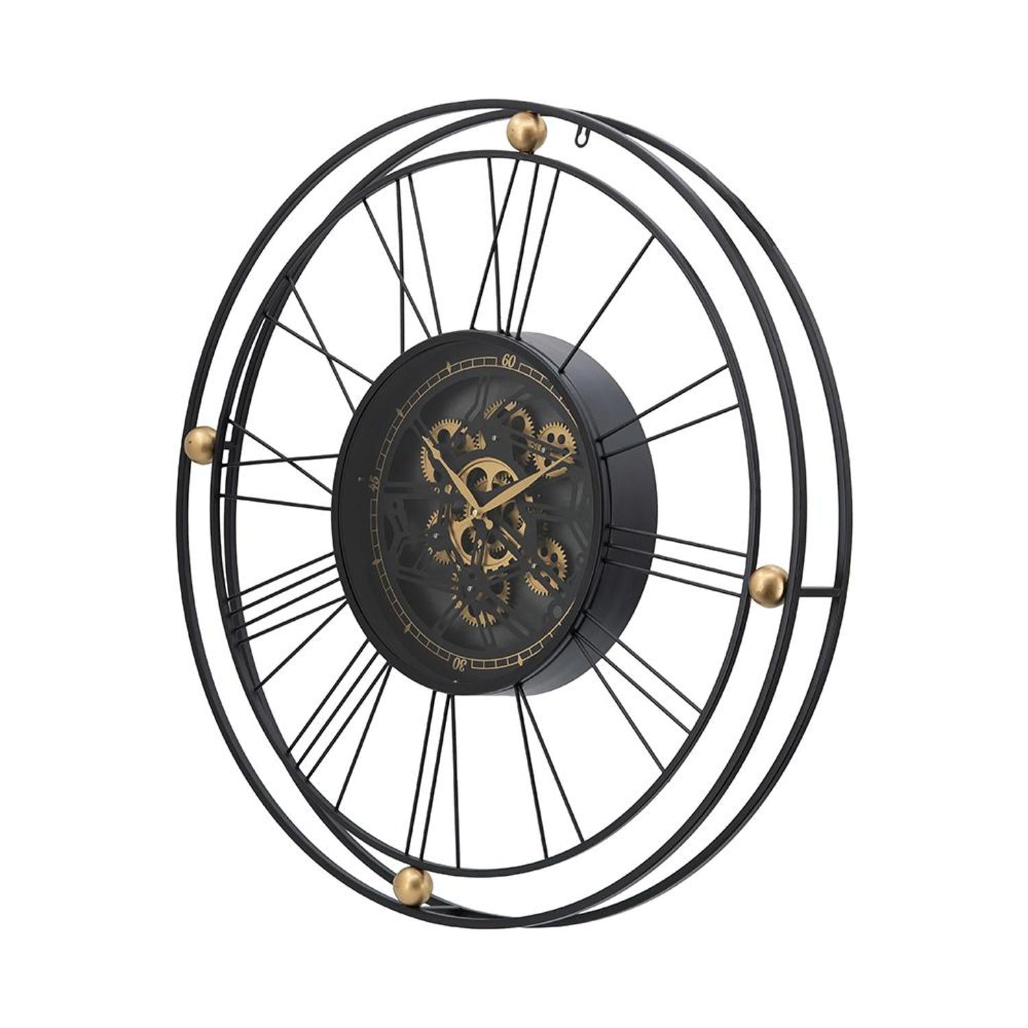 32" Circle Black and Gold Metal and Glass Analog Exposed Gear Wall Clock - Home Decor