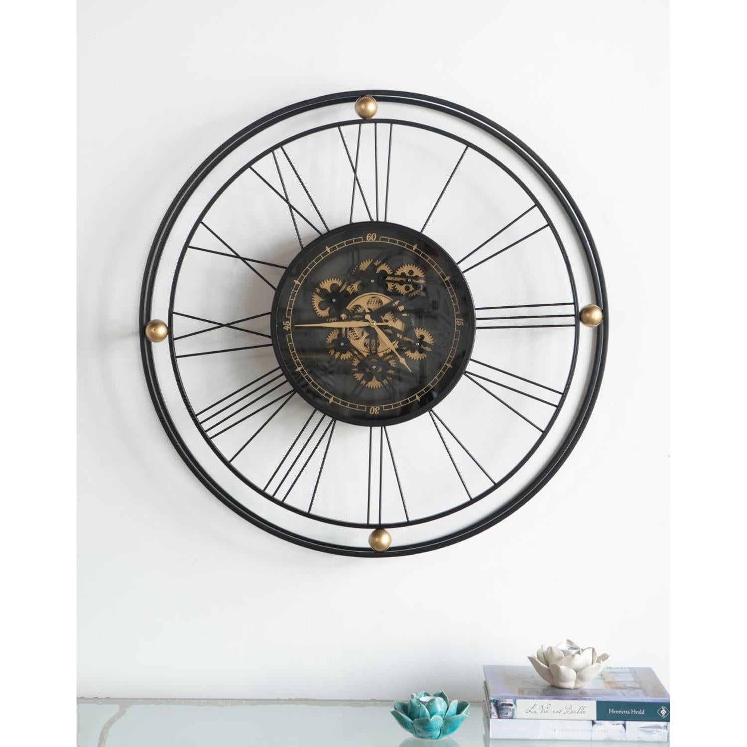 32" Circle Black and Gold Metal and Glass Analog Exposed Gear Wall Clock - Home Decor