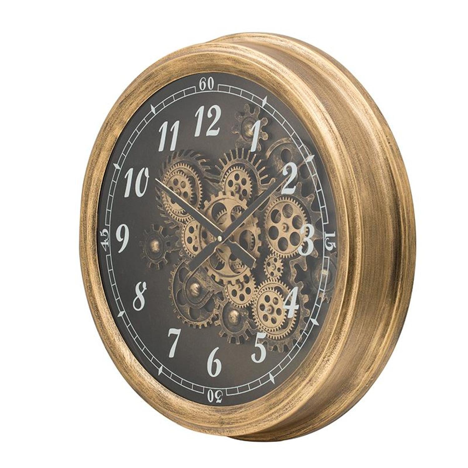 21" Circle Black and Gold Wood and Glass Analog Exposed Gear Wall Clock - Home Decor