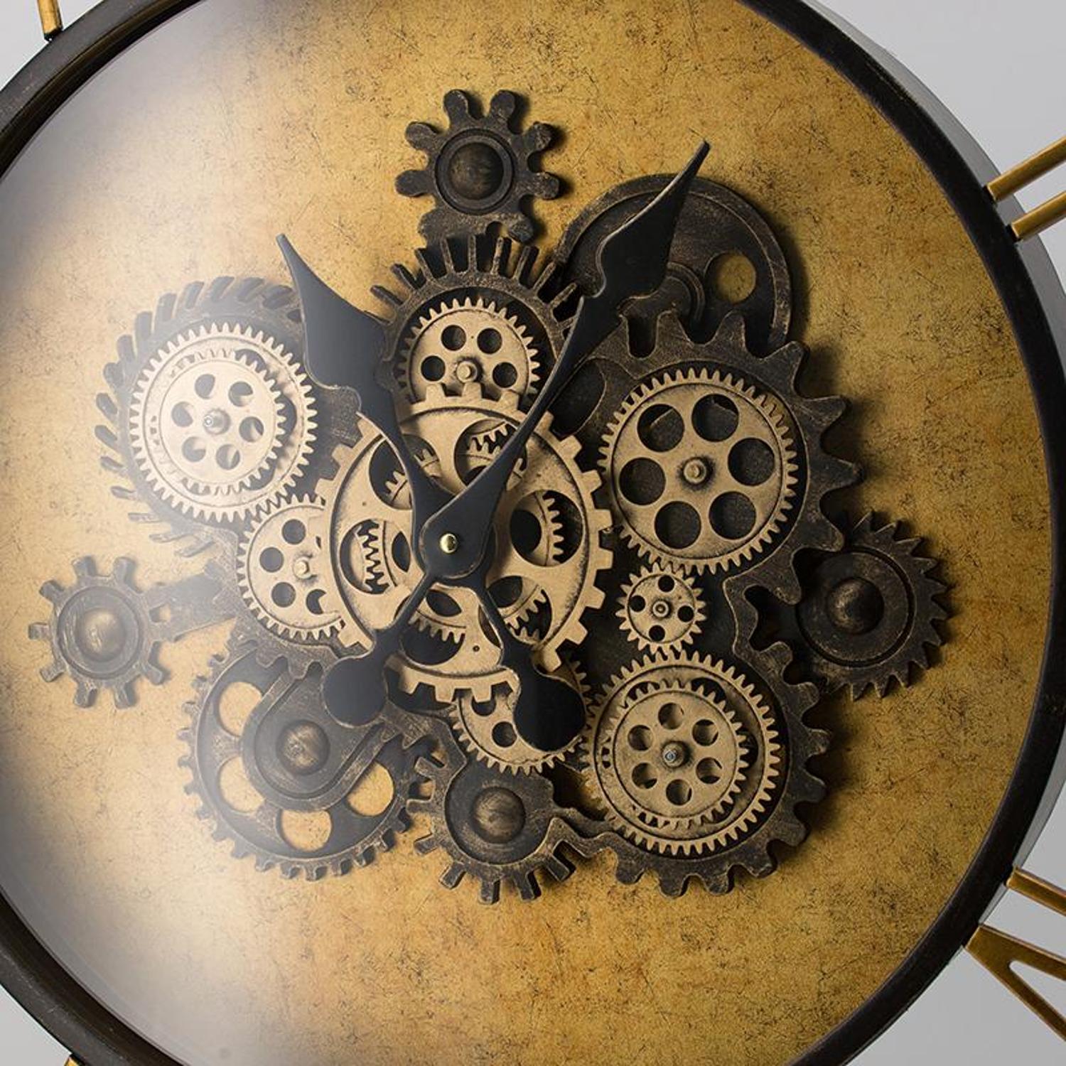 21" Circle Black and Gold Wood and Glass Analog Exposed Gear Wall Clock - Home Decor