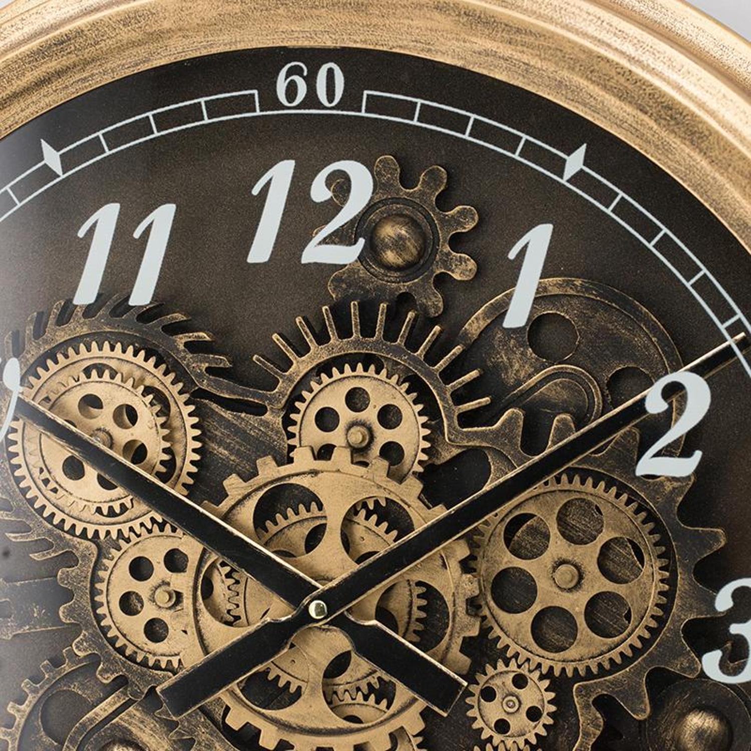 21" Circle Black and Gold Wood and Glass Analog Exposed Gear Wall Clock - Home Decor
