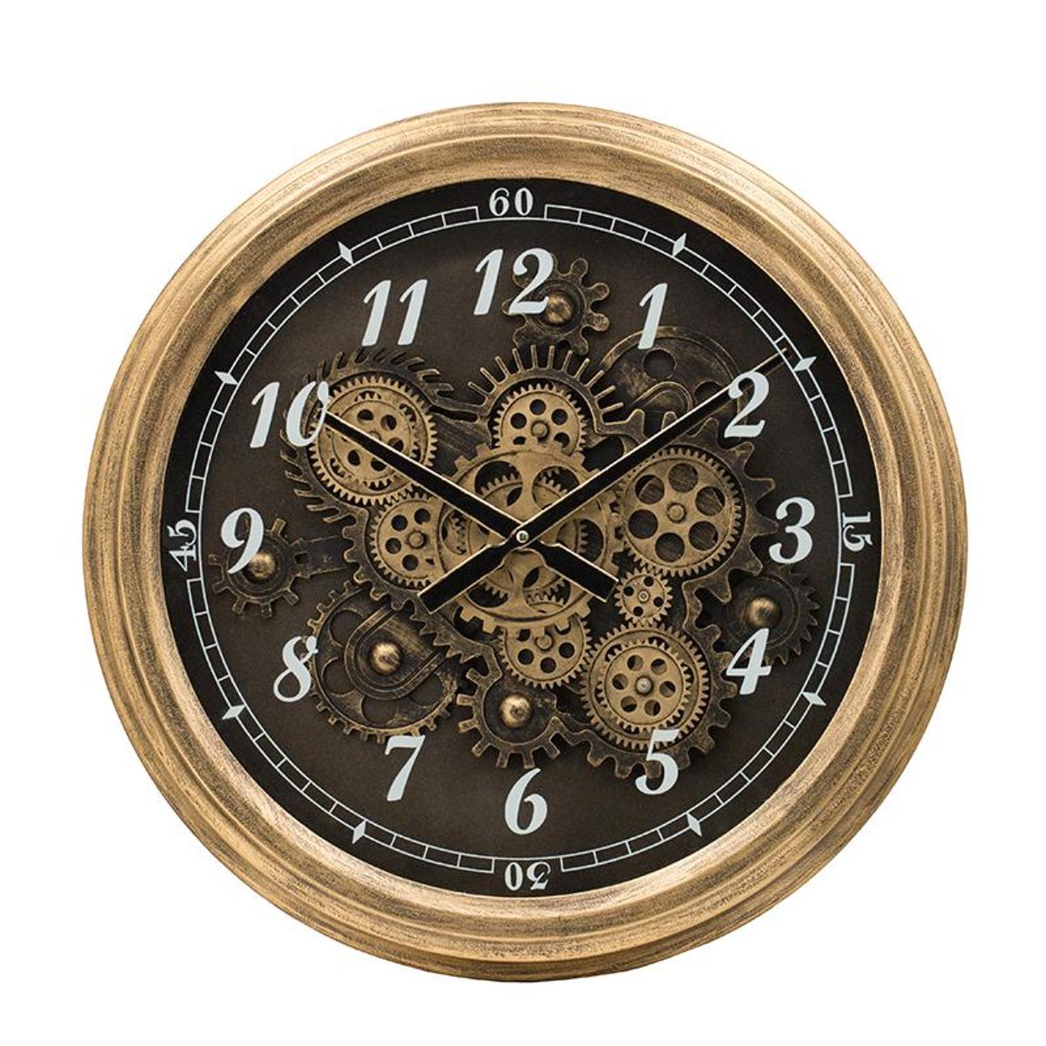 21" Circle Black and Gold Wood and Glass Analog Exposed Gear Wall Clock - Home Decor
