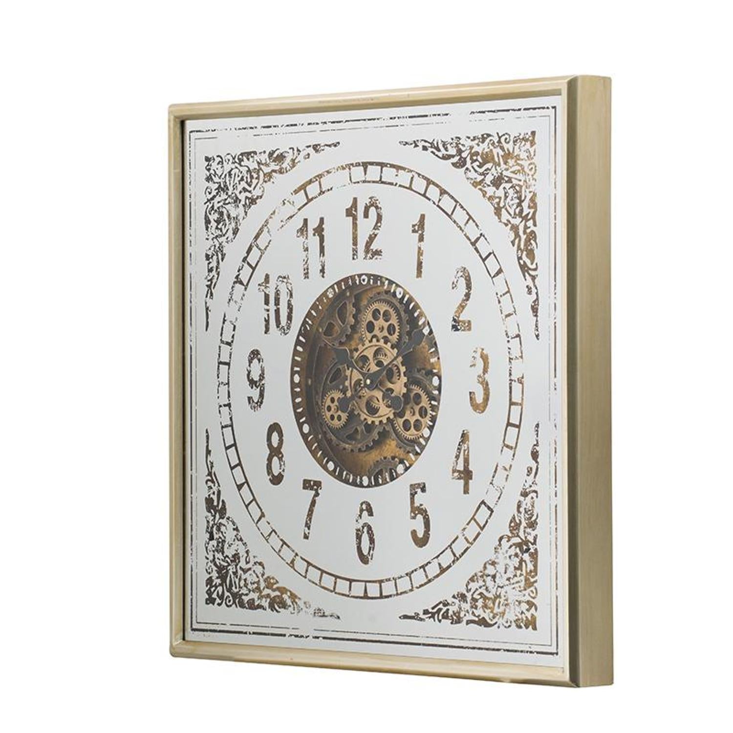 32" Square Gold and Silver Wood and Mirror Analog Exposed Gear Wall Clock - Home Decor