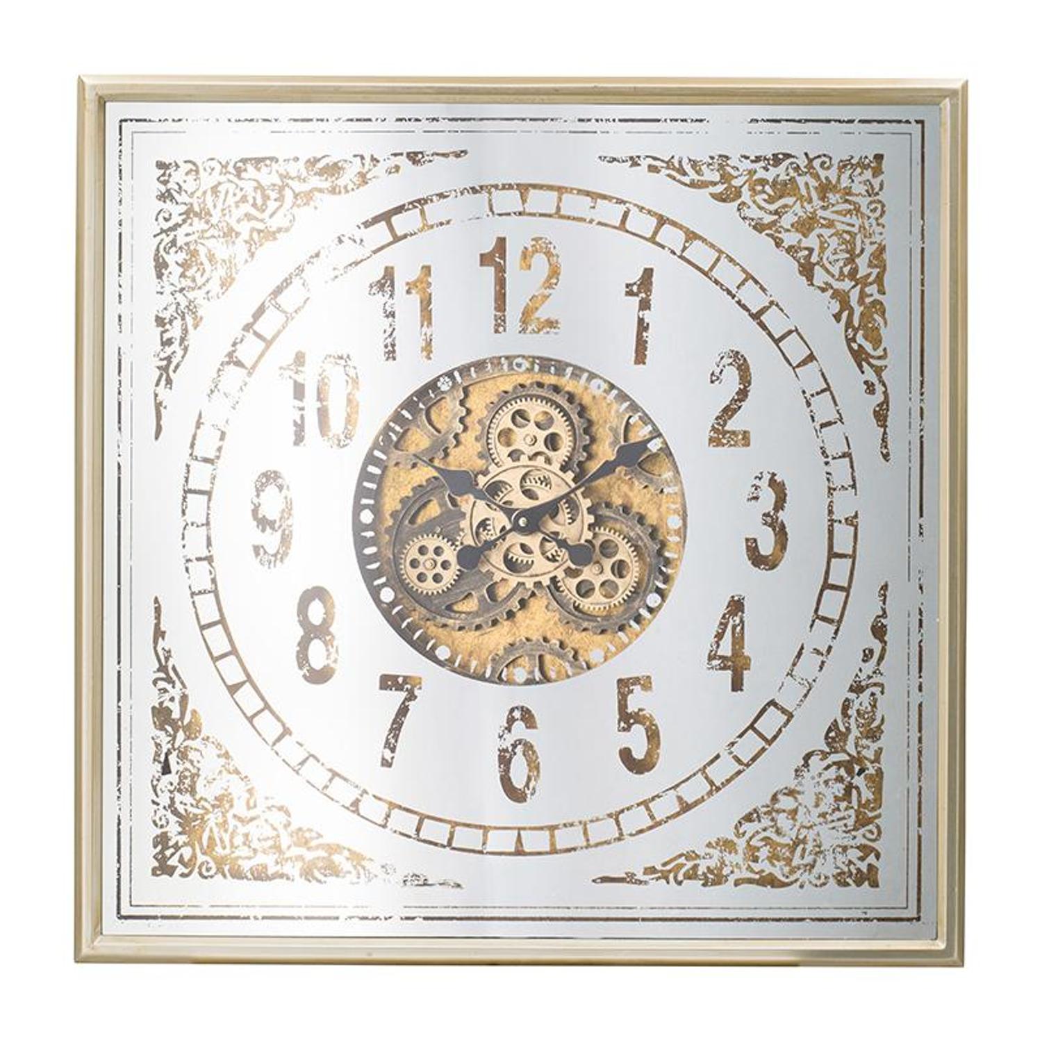 32" Square Gold and Silver Wood and Mirror Analog Exposed Gear Wall Clock - Home Decor