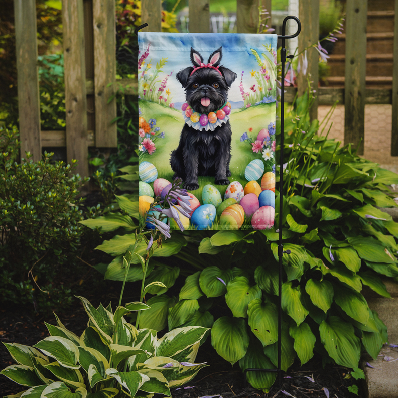 Easter garden flag on a metal stand with black dog, pink bow, and colorful eggs