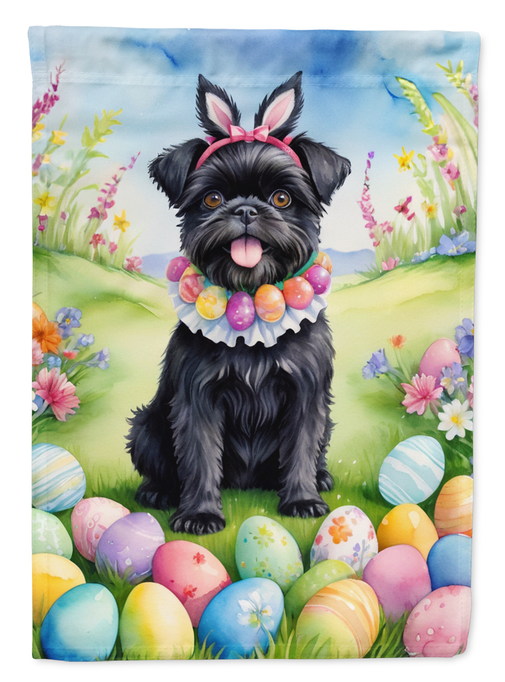 Easter garden flag close-up of black dog with pink bow and colorful Easter eggs