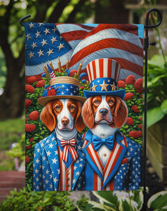 Patriotic garden flag with two dogs in top hats and an American flag backdrop