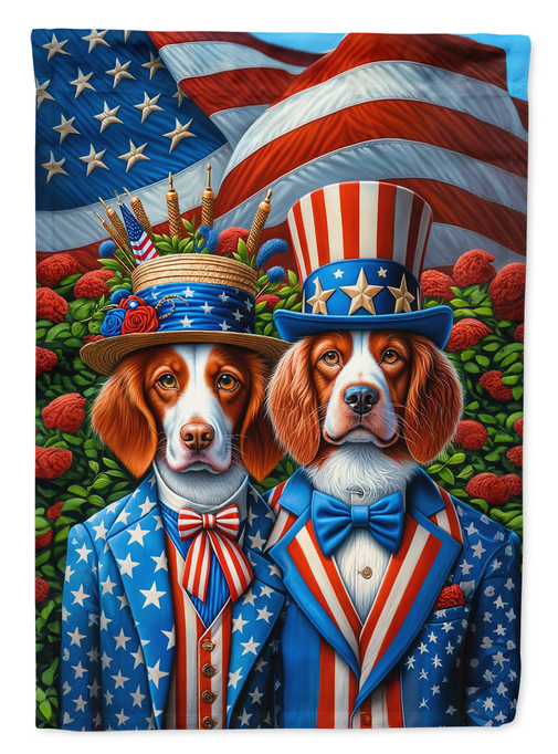 Patriotic garden flag featuring two dogs wearing blue top hats and red-and-blue bows