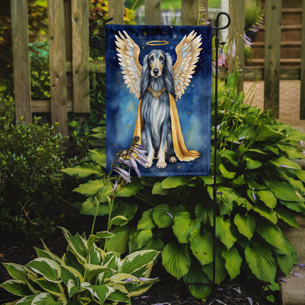 Garden flag with Afghan hound angel portrait, white wings, gold halo on blue background