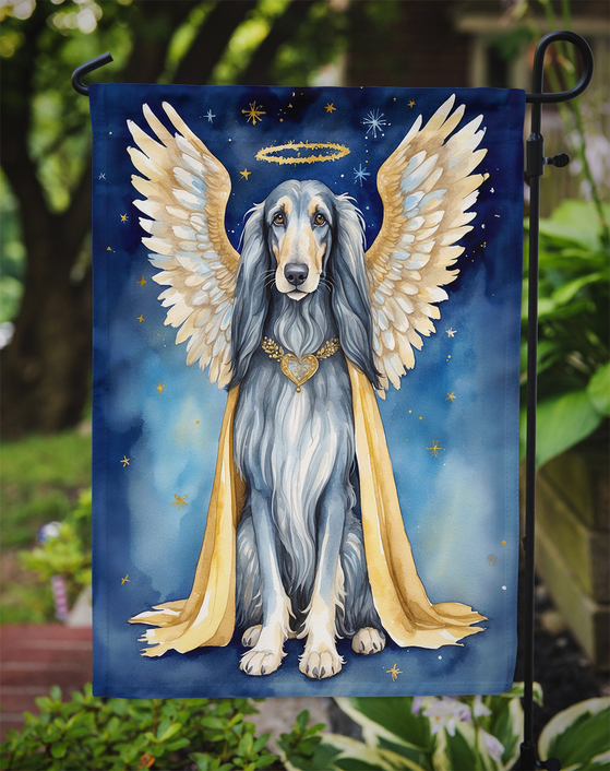 Garden flag close-up of Afghan hound with angel wings and gold-trim halo