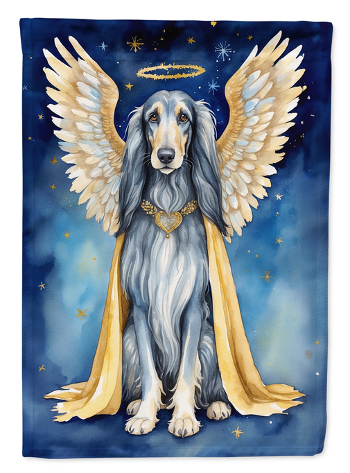 Garden flag featuring Afghan hound angel with large white wings and blue sky stars