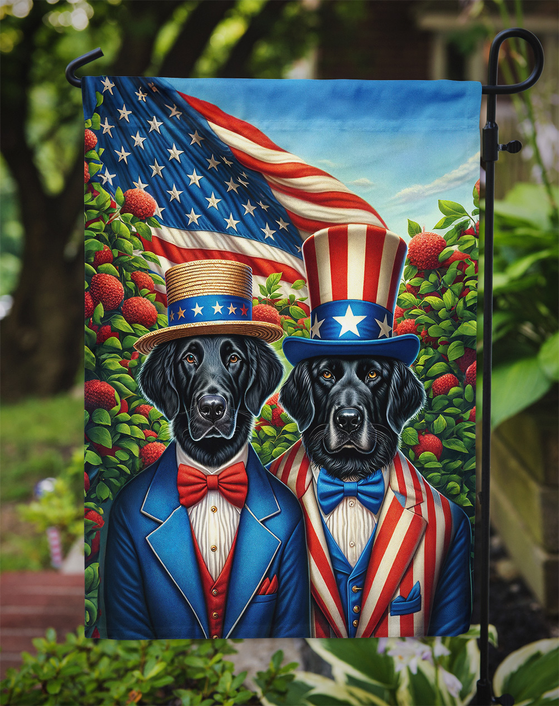 Patriotic garden flag with two retrievers in blue suits and American flag background