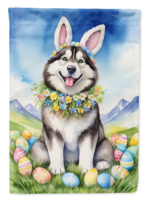 Alaskan Malamute Easter egg hunt garden flag close-up of smiling dog with floral garland