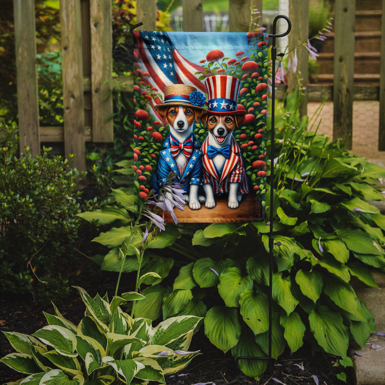 Patriotic Jack Russell terrier garden flag with two dogs, stars-and-stripes and hats