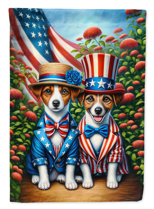 Patriotic Jack Russell terrier garden flag, two dogs in blue outfits and red-white striped hat