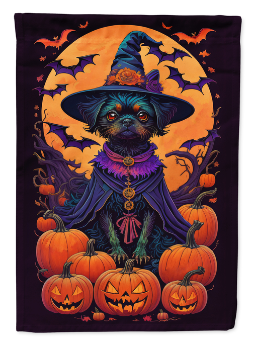 Witchy Halloween garden flag with blue witch dog, bats, crescent moon, and pumpkins