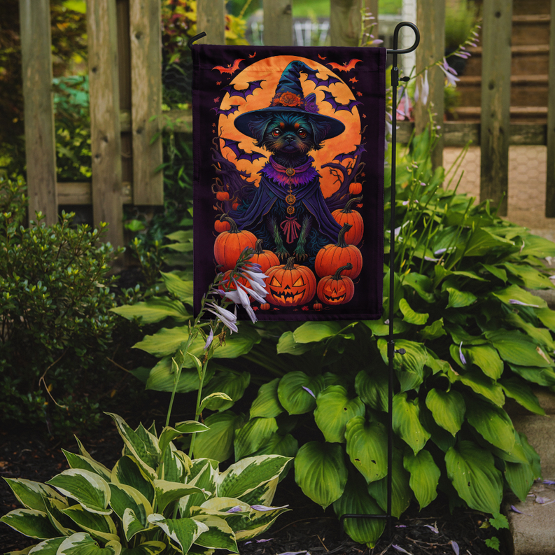 Witchy dog garden flag with blue hat, bats, and orange pumpkins on dark background