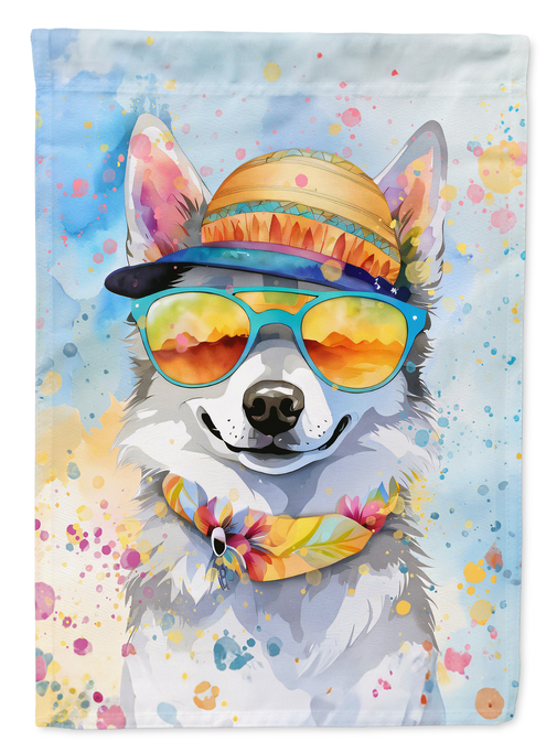 Dog garden flag close-up with hat and colorful sunglasses, floral watercolor splatter
