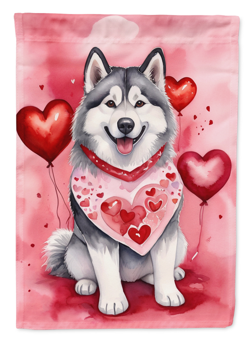 Valentine garden flag with Alaskan Malamute puppy in heart-patterned bandana and balloons