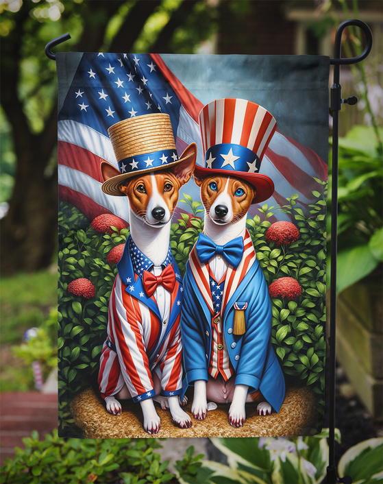 Basenji garden flag with two dogs in patriotic hats and blue jackets