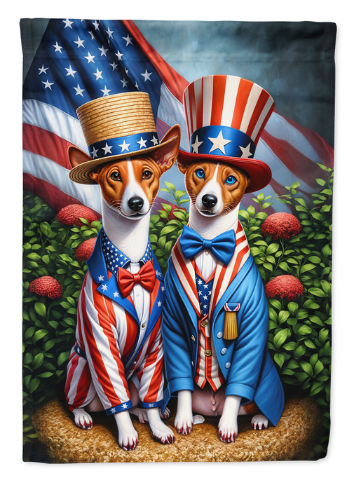 Basenji garden flag close-up: two basenji dogs in patriotic outfits