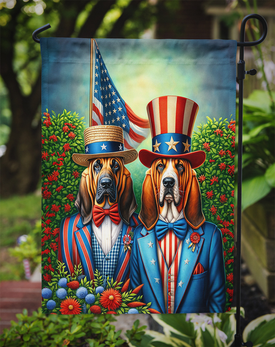 Hanging garden flag featuring two patriotic dogs in front of flowers and an American flag