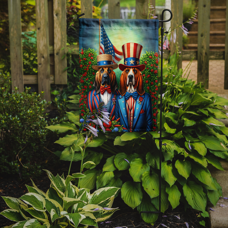 Outdoor garden flag on a stand with two-dog patriotic design and colorful flowers